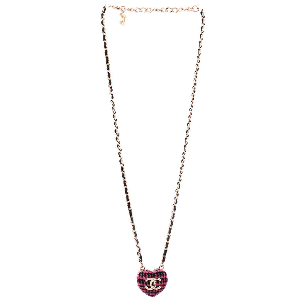 Chanel CC Heart Locket Pendant Necklace Metal with Tweed, Leather, and Resin - Picture 2 of 4